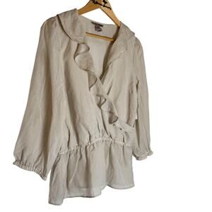 H&M Fairycore Romantic Sheer Women's Tan Blouse  Deep V puff sleeves Size 10 Med